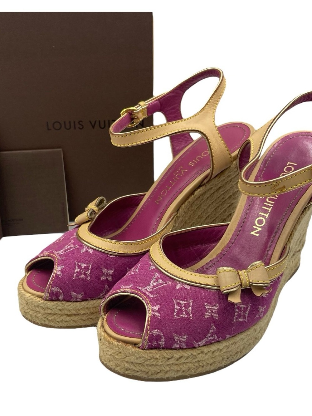 RARE Louis Vuitton Helios Wedge Sandals Pink Denim Monogram canvas EU36 US6 - Picture 2 of 10